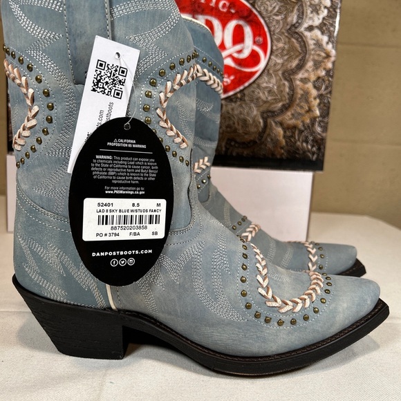 Laredo Western Boots Fancy Sky Blue With Studs Snip Toe Block Heel - Picture 4 of 10